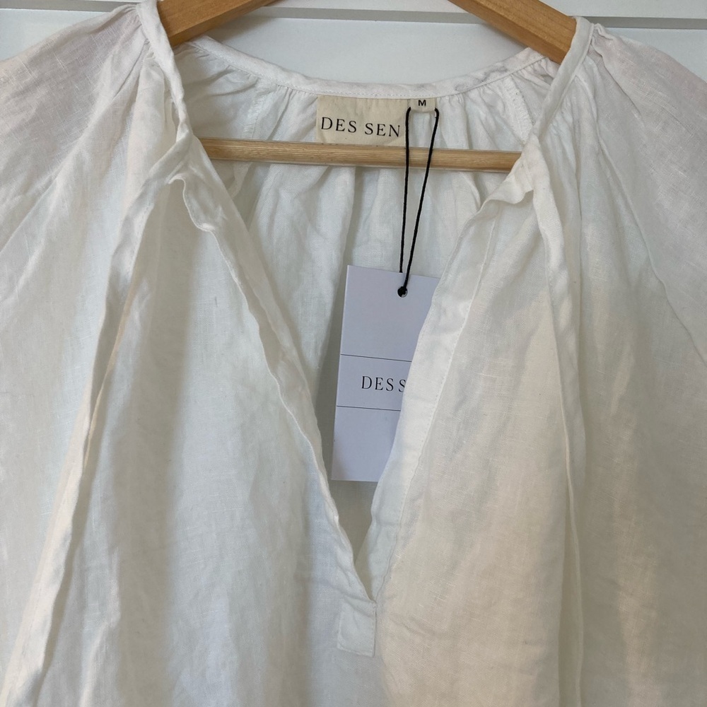 Des Sen White Linen Voluminous Puffy Sleeve Tie Blouse - Picture 3 of 5